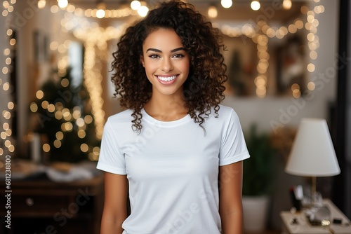 female model wearing a white color bella+canvasÂ® 3001 tshirt without any logos or words, the tshirt color is asphalt, tshirt is not shiny, picture is not blurry, photo