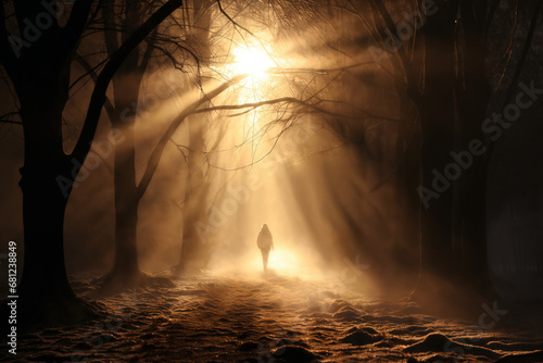 a woman walking along trail in snowy forest, between trees, beautiful nature at sunset, winter season, beautiful landscape