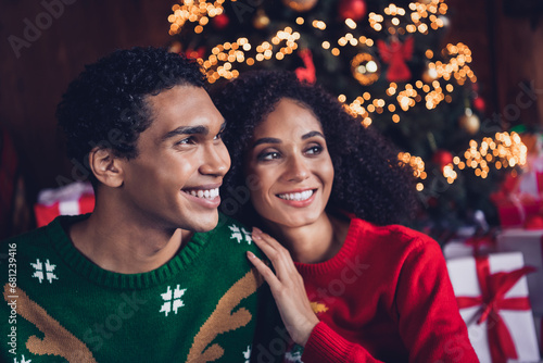Portrait of two cheerful peaceful lovers cuddle toothy smile cozy christmas time magic apartment indoors