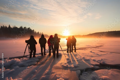 Professional Professional Photo of a Group of People Setting Up Cameras To Take of a Group of People Setting Up Cameras To Take Shots of the Sky on a Frozen Lake During Sunset in a Cold Day of Winter.