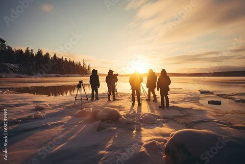 Professional Photo of a Group of People Setting Up Cameras To Take Shots of the Sky on a Frozen Lake During Sunset in a Cold Day of Winter. Golden Hour.