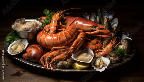 Fresh seafood plate grilled lobster, steamed crab, and boiled prawn generated by AI
