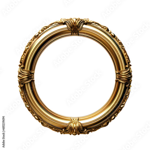 Circle vintage royal gold frame from the Middle Ages featuring Western floral patterns. A Victorian royal frame adorned with decorative scrolls against a transparent background. © Matthew