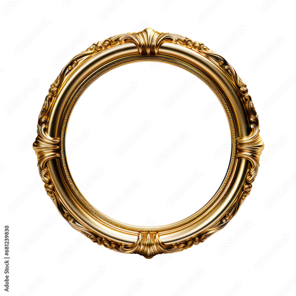 Luxury gold frame with a circle shape from the Middle Ages, adorned with Western floral patterns. A Victorian-era frame featuring decorative scrolls against a transparent background. Luxury gold frame with a circle shape from the Middle Ages, adorned with Western floral patterns. A Victorian-era frame featuring decorative scrolls against a transparent background.