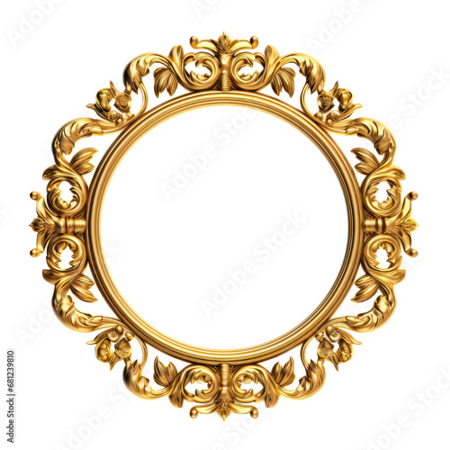 Royal gold frame border with a circle shape from the Middle Ages, adorned with Western floral patterns. A Victorian-era frame featuring decorative scrolls against a transparent background.