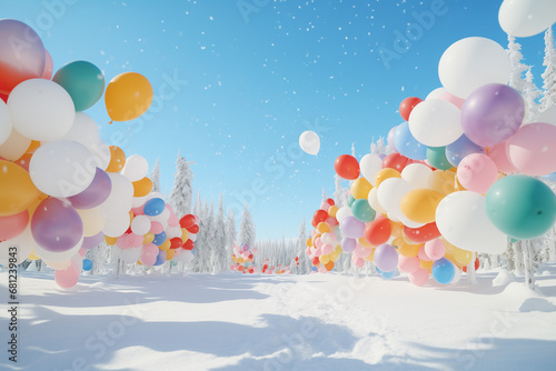 Fun snowy winter scene, colorful balloons in snow trail, winter mountain scenery. Concept of celebrating Christmas, New Year or birthday on skiing winter holiday or ski resort