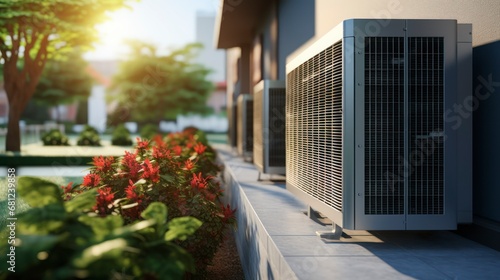 Air Conditioning Outdoor Units Nestled in a Backyard Setting. Generative AI photo