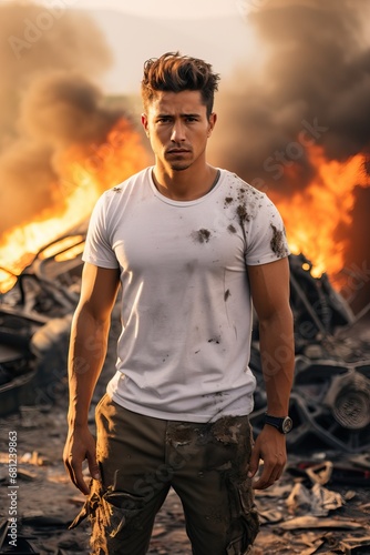 Professional Photo of a Man in a White T-Shirt Standing in front of a Flaming Exploded Car Destroyed in Many Pieces. photo