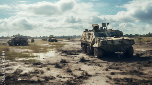 Abandoned military vehicles in deserted battlefield photo