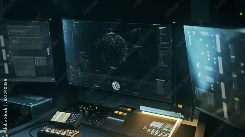 AI detection scanner is used in the futuristic army control room. AI detection system is scanning the map of the world. AI detection scanner finds the location of the target computer on a map. UI