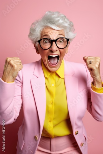 Funny elderly woman who makes a gestures happily feels proud of his success