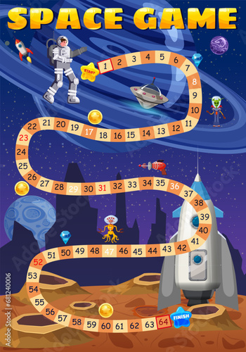 Design Space Boardgame astronaut, spaceship, rocket, UFO, step boardgame path
