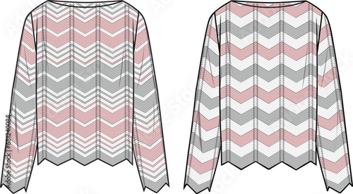 Women's Chevron Striped Jumper. Technical fashion illustration. Front, white and pink colour. Women's CAD mock-up.