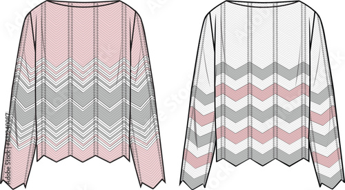 Women's Chevron Striped Jumper. Technical fashion illustration. Front, white and pink colour. Women's CAD mock-up.