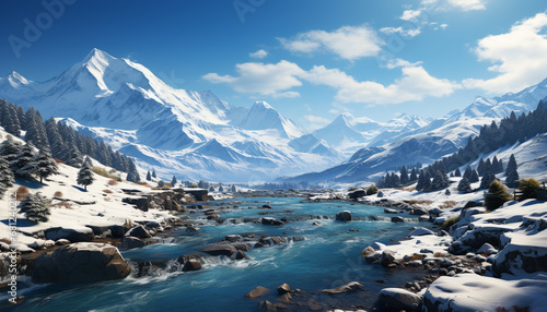 Majestic mountain peak, tranquil scene, frozen waterfall, extreme terrain generated by AI © djvstock