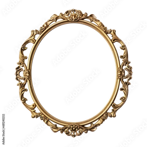 Oval golden frame with Victorian royal style with decorative scrolls against a transparent backdrop. © Matthew