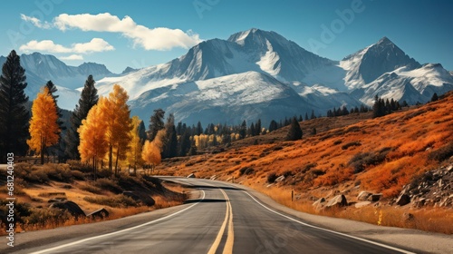 An Empty Road Flanked by Colorful Trees with Snow-Capped Mountains Looming in the Distance. Generative AI