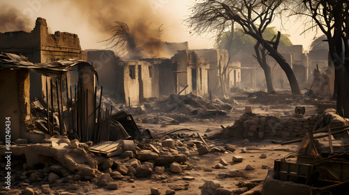 Burnt-out structures in conflict-affected village