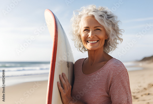 Middle-aged woman holding a surfboard on a beach