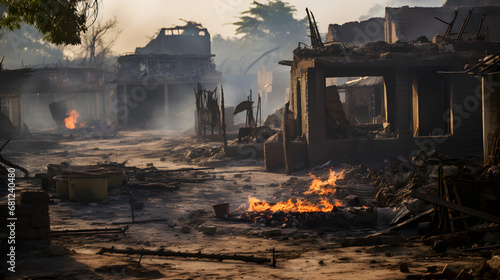 Burnt-out structures in conflict-affected village