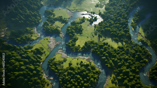 Meandering river through lush forest, high-altitude view