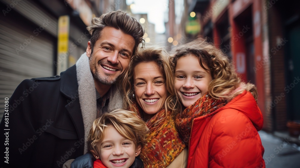 A happy family of four enjoys posing on the streets of the city A happy family of four enjoys posing on the streets of the city