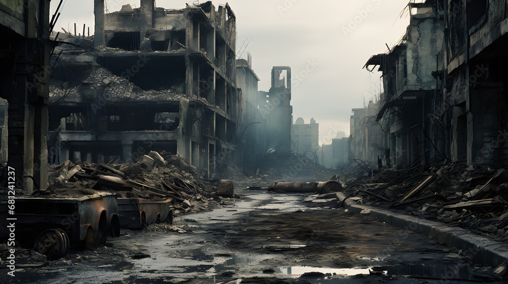 Ruined buildings in war-torn city, signs of conflict Ruined buildings in war-torn city, signs of conflict