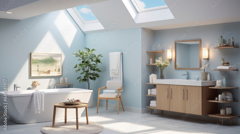 Fototapeta premium The Tranquil Elegance of Bathing in a Bathroom Drenched in Skylight. Generative AI