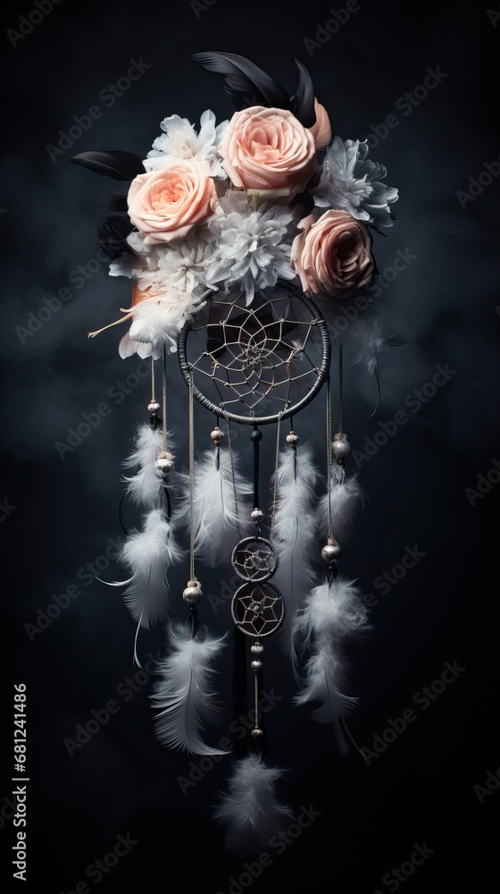 A Close Up Photo of a Fascinating Ethernal Dream Catcher Decorated with Flowers and Feathers Hangings in an Empty Room.