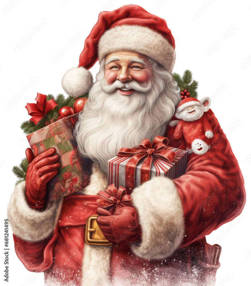 Wesoły Święty Mikołaj z torbą pełną prezentów na przezroczystym tle PNG. - obrazy, fototapety, plakaty 