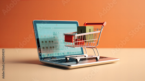 E-commerce concept with laptop and shopping cart. Online business, buying and selling photo