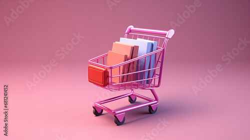 E-commerce concept with laptop and shopping cart. Online business, buying and selling