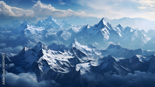 Top-down view of mountain range, snow-capped peaks