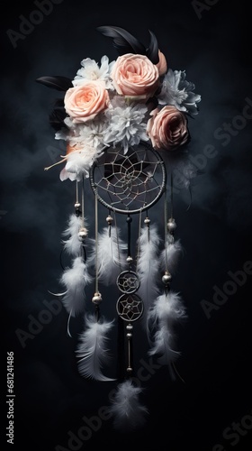 A Close Up Photo of a Fascinating Ethernal Dream Catcher Decorated with Flowers and Feathers Hangings in an Empty Room.