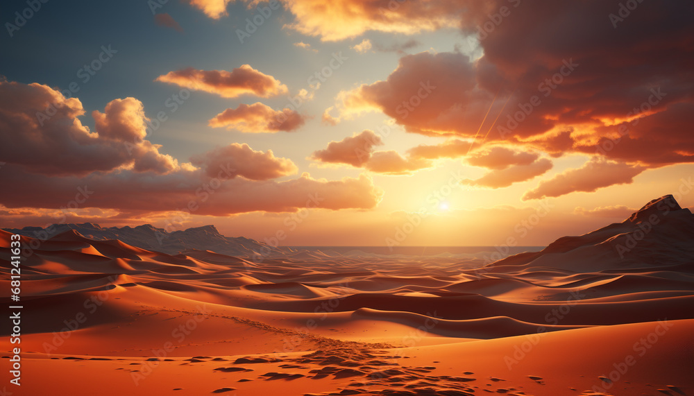 Sunset over the sand dunes creates a majestic, tranquil scene generated by AI