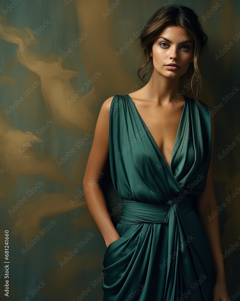 Professional Close up of an Attractive Brown Haired Woman Standing in a Painted Empty Room Wearing a Long Dark Green Dress while Looking at the Camera.