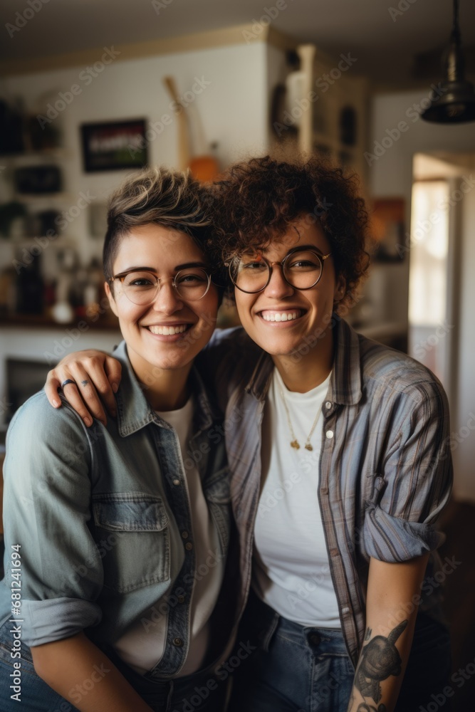 Portrait of a lesbian couple, relaxed at home and smiling at camera