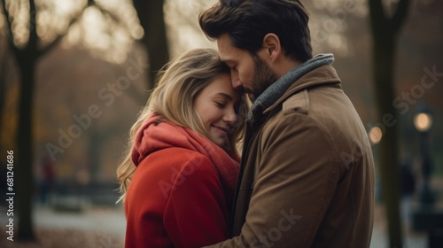 Woman in red coat hugging her husband in a park on Valentine's Day afternoon.