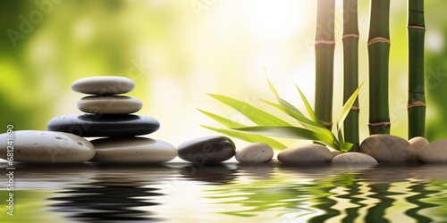 Zen stones, bamboo and water, relaxation time, wellness and harmony, massage and bodycare, spa and wellness concept