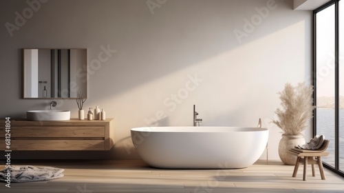 Crafting a Calm and Chic Bathroom Space with Minimalist Design Fixtures. Generative AI