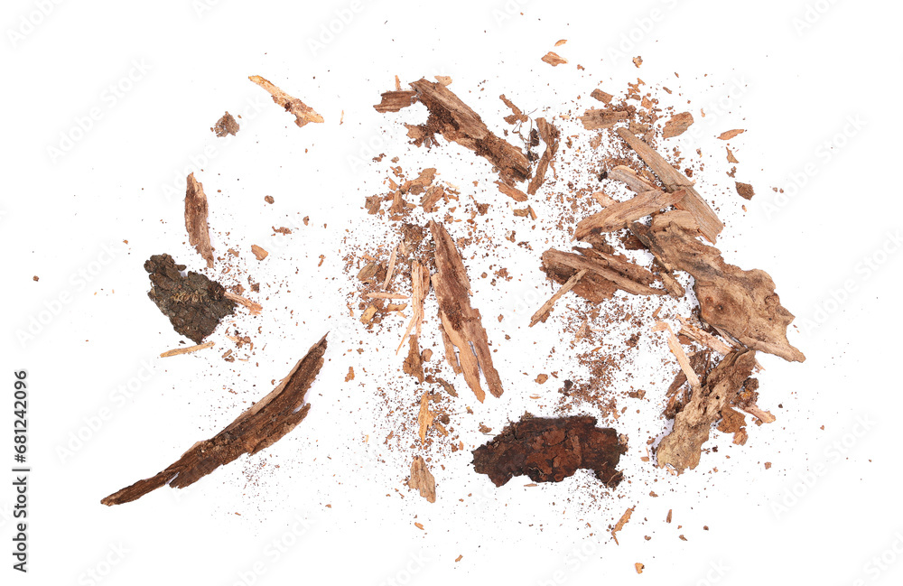 Rotten, old pieces of wood scattered, isolated on white, top view - obrazy, fototapety, plakaty 