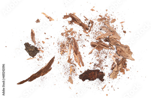 Rotten, old pieces of wood scattered, isolated on white, top view photo