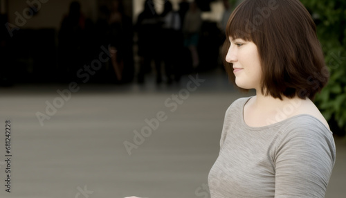 Young adult female with brown hair looking at camera outdoors generated by AI