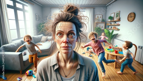 A tired mother with disheveled hair stands in the foreground, looking exhausted and surrounded by her playful kids causing chaos in the living room. photo