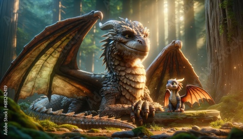 An ancient dragon with wise eyes sits beside a young dragon in a mystical forest, light streaming through the trees.