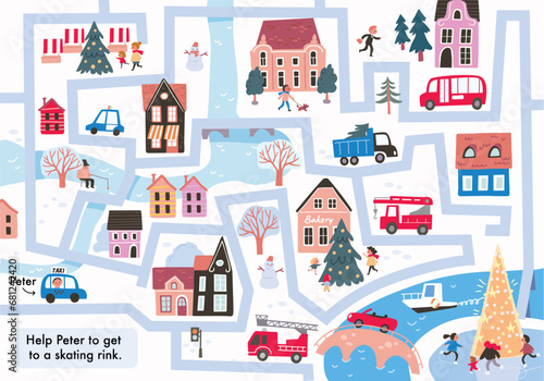 Vector labyrinth children maze illustrated. Winter in town, city easy simple drawing map. Merry Christmas New Year Feliz navidad, Neujahr, Capodanno,le Nouvel. Cars, houses, buildings, trees, streets. © olgache