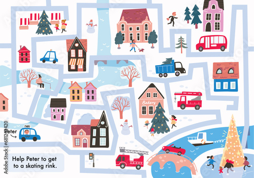 Vector labyrinth children maze illustrated. Winter in town, city easy simple drawing map. Merry Christmas New Year Feliz navidad, Neujahr, Capodanno,le Nouvel. Cars, houses, buildings, trees, streets.