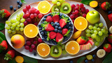 上から見た皿に盛られた色とりどりのフルーツの盛り合わせ