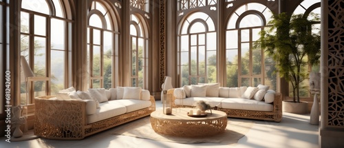 Interior design of a living room with a view of the garden. Elegant Luxury Interior of Living Room of a Rich House.