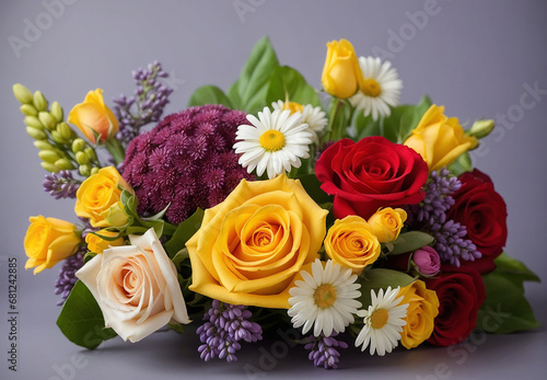 Flowers, roses, tulips, daisies and others, on purple background